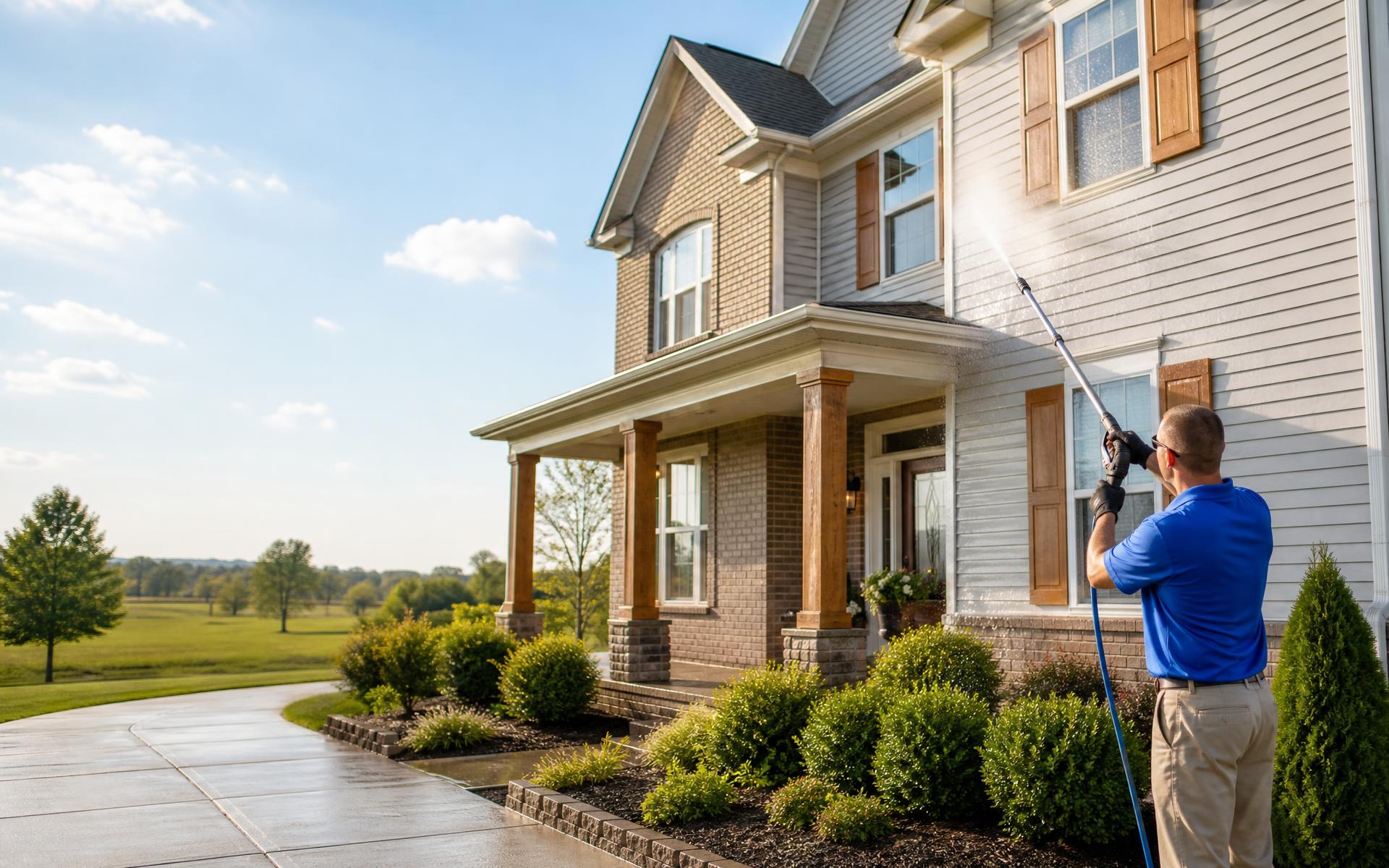 Exterior cleaning technician pressure washing the siding of a Northwest Arkansas home
